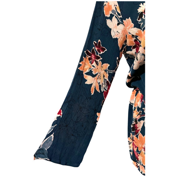 Lulus Teal Green Floral V Neck Faux Wrap Long Sleeve Romper Medium - Picture 4 of 10